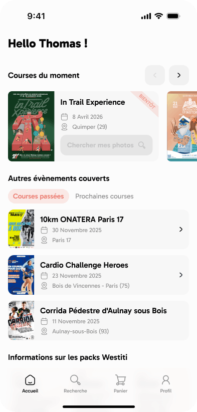 Accueil de l'app Westiti avec les courses du moment